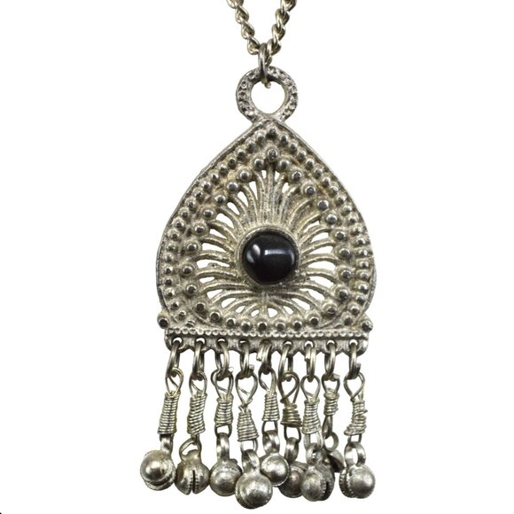 Long Necklace Large Pendant Black Stone Heavy Metal Made in India - Picture 3 of 5